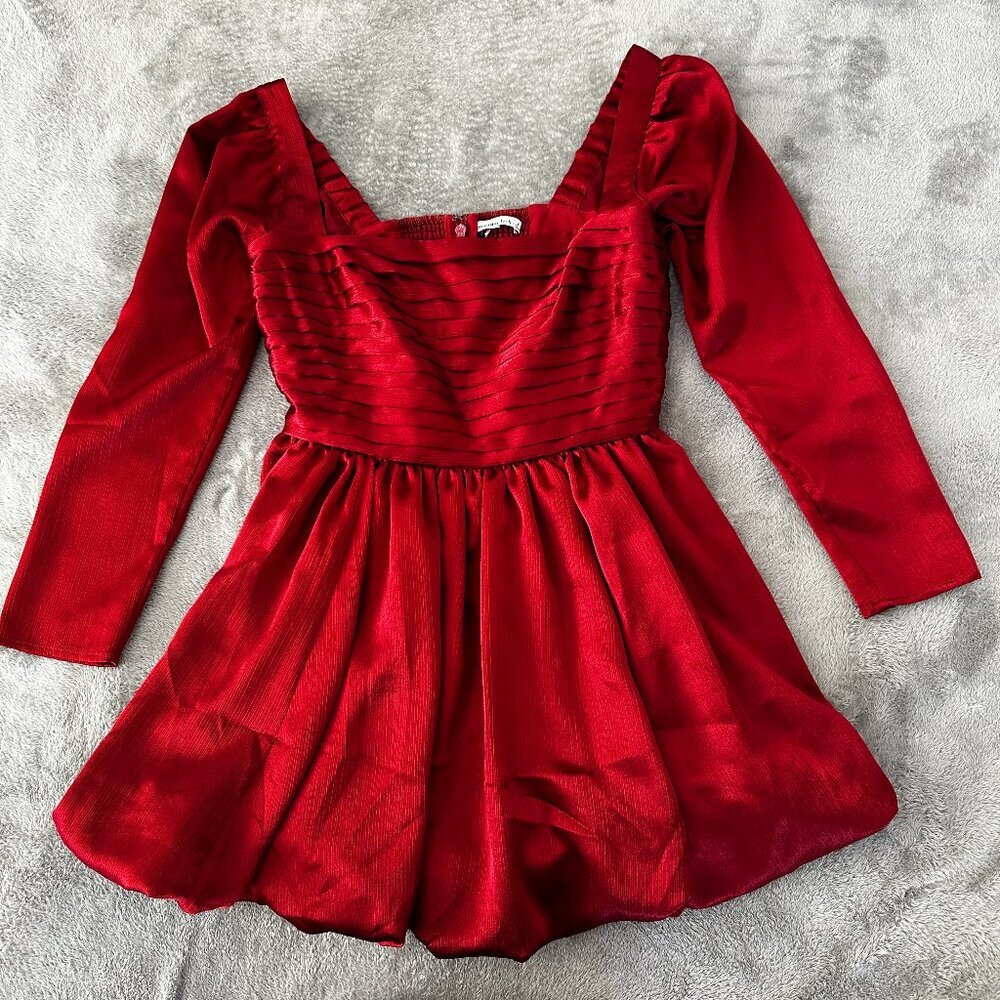 Abercrombie & Fitch Red Emerson Bubble Mini Dress LARGE Red Satin Long Sleeve